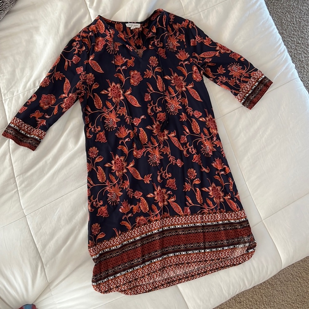 Beach Lunch Lounge - Boho Floral Bell Sleeve Shift Dress Navy - Size Small